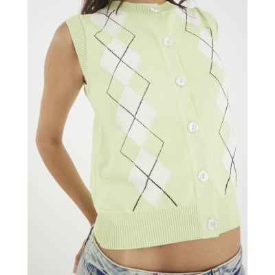 Green Argyle Sleeveless Knitted Waistcoat