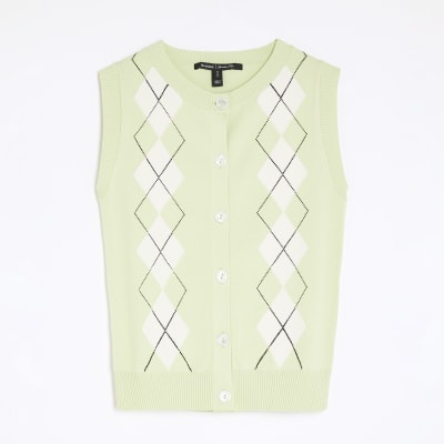 Green Argyle Sleeveless Knitted Waistcoat