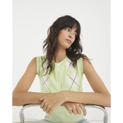 Green Argyle Sleeveless Knitted Waistcoat
