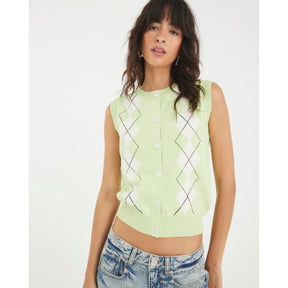 Green Argyle Sleeveless Knitted Waistcoat