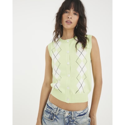 Green Argyle Sleeveless Knitted Waistcoat