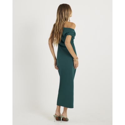 Green Asymmetric Draped Wrap Midi Dress