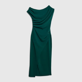 Green Asymmetric Draped Wrap Midi Dress