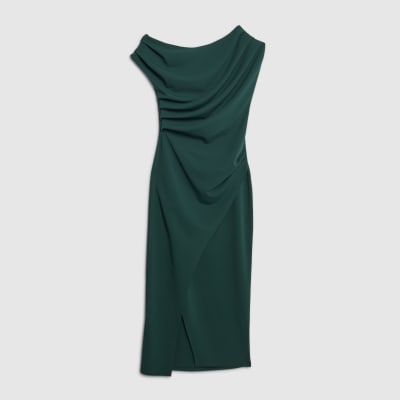 Green Asymmetric Draped Wrap Midi Dress