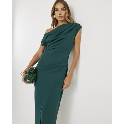 Green Asymmetric Draped Wrap Midi Dress