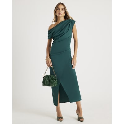 Green Asymmetric Draped Wrap Midi Dress
