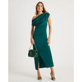 Green Asymmetric Draped Wrap Midi Dress