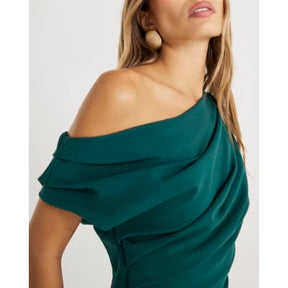 Green Asymmetric Draped Wrap Midi Dress