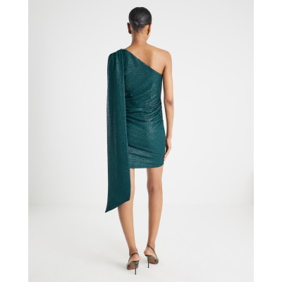 Green Asymmetric Glitter Mini Dress