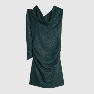 Green Asymmetric Glitter Mini Dress