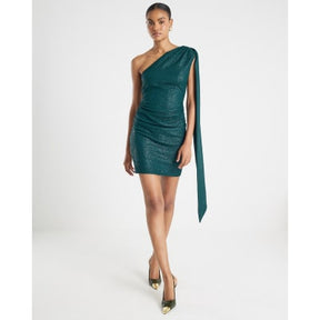 Green Asymmetric Glitter Mini Dress