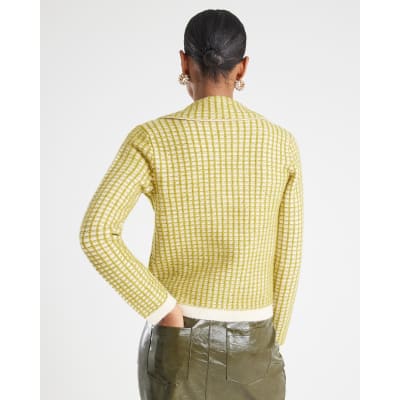 Green Boucle Checked Knit Cardigan