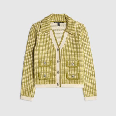 Green Boucle Checked Knit Cardigan