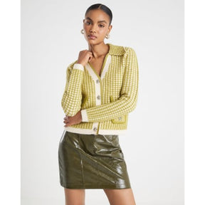 Green Boucle Checked Knit Cardigan