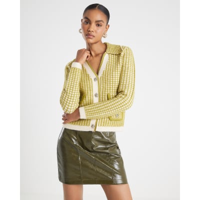 Green Boucle Checked Knit Cardigan