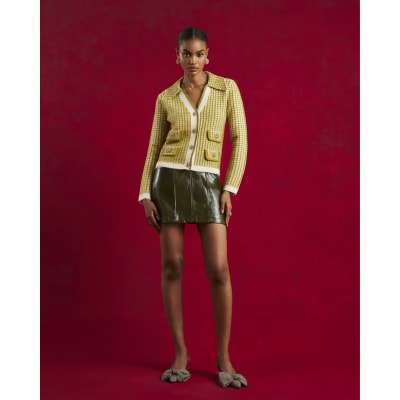 Green Boucle Checked Knit Cardigan