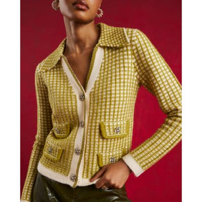 Green Boucle Checked Knit Cardigan