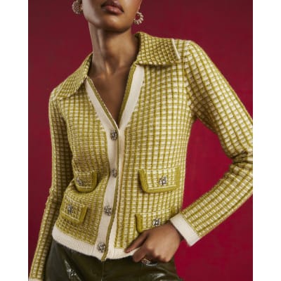 Green Boucle Checked Knit Cardigan