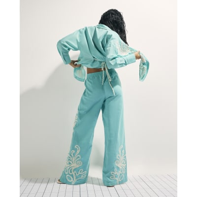 Green Broderie Drawstring Wide Leg Trousers