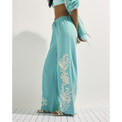 Green Broderie Drawstring Wide Leg Trousers