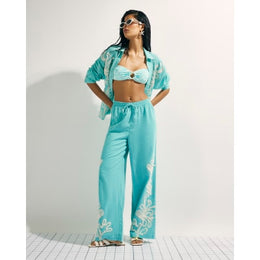 Green Broderie Drawstring Wide Leg Trousers