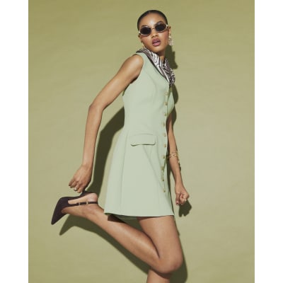 Green Button Up Structured Mini Dress