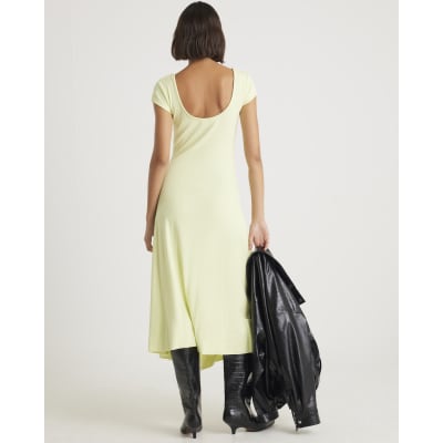 Green Cap Sleeve Asymmetric Midi Dress