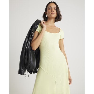 Green Cap Sleeve Asymmetric Midi Dress