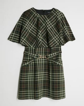 Green Check Belted Cape Mini Dress