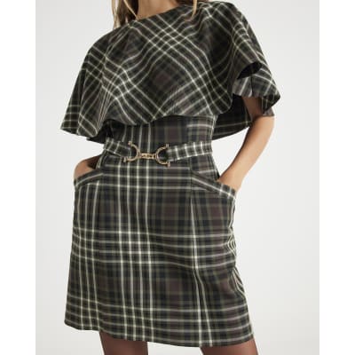 Green Check Belted Cape Mini Dress