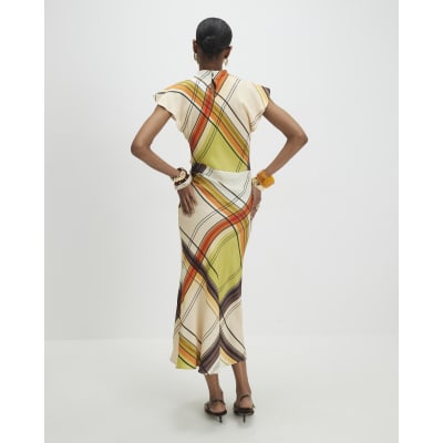 Green Check Print Column Midi Dress
