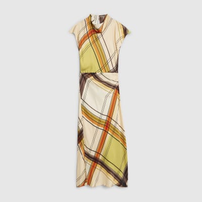 Green Check Print Column Midi Dress
