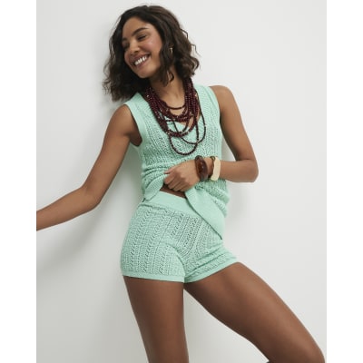 Green Crochet Knit Shorts