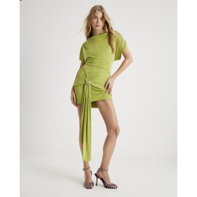 Green Embellished Drape Trim Mini Dress