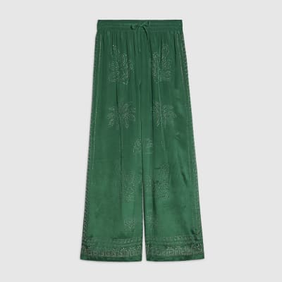 Green Embellished Wide Leg Trousers