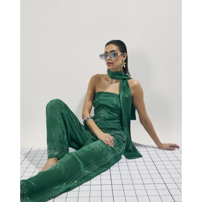 Green Embellished Wide Leg Trousers