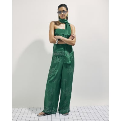 Green Embellished Wide Leg Trousers