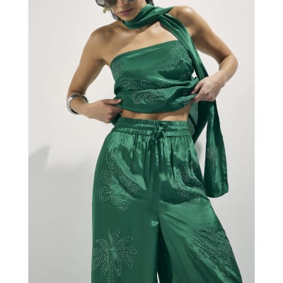 Green Embellished Wide Leg Trousers