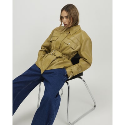 Green Faux Leather Belted Jacket