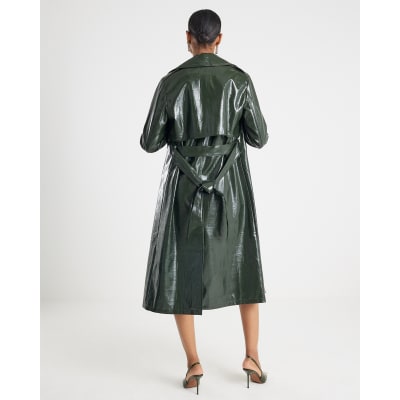 Green Faux Leather Croc Texture Trench Coat