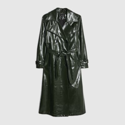 Green Faux Leather Croc Texture Trench Coat