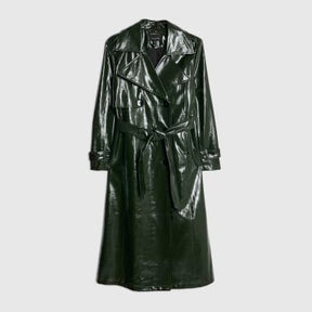 Green Faux Leather Croc Texture Trench Coat