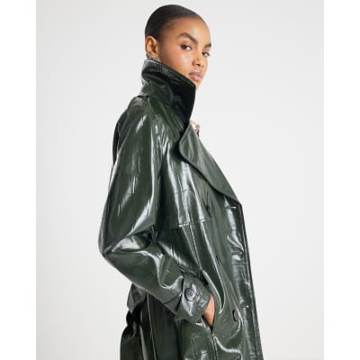 Green Faux Leather Croc Texture Trench Coat