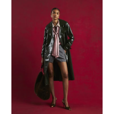 Green Faux Leather Croc Texture Trench Coat