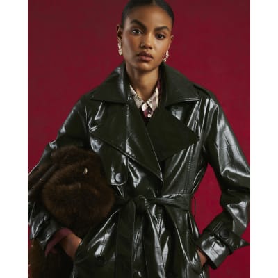 Green Faux Leather Croc Texture Trench Coat