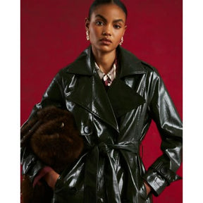 Green Faux Leather Croc Texture Trench Coat