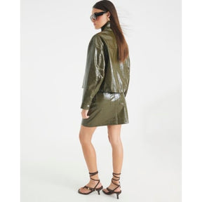 Green Faux Leather Funnel Neck Bomber Jacket