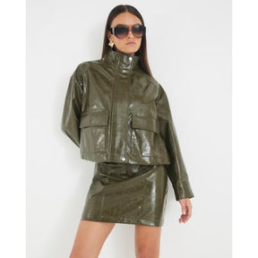 Green Faux Leather Funnel Neck Bomber Jacket