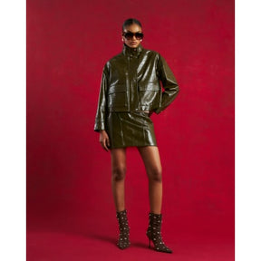 Green Faux Leather Funnel Neck Bomber Jacket