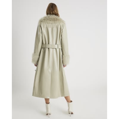 Green Faux Leather Fur Trim Trench Coat